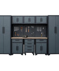 9-Piece Garage Storage Cabinet System With Corner Cabinet, Workbench, Pegboard And Roller Drawers For Tool Organization In Black And Gray
