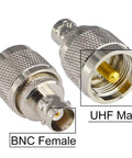 Close-up of BNC Female and UHF Male adapters in 8 Piece BNC to UHF Adapter Kit PL259 SO239 To BNC Male Female Converters, 50 Ohm coax connectors.