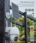 4MP Solar Wireless Security Camera System Kit With 4 Cameras attached to a wall, showing IP66 weatherproof feature with solar panel.