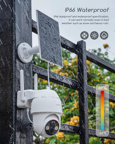 4MP Solar Wireless Security Camera System Kit With 4 Cameras attached to a wall, showing IP66 weatherproof feature with solar panel.