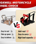 Comparison of Hoxwell motorcycle wheel chock, showing anti-rust, easy to carry, high load capacity features against a rusted model.