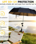 Beat The Heat All Day Chair Umbrella With Universal Clamp Portable Canopy Sunshade 360 Degree Swivel UPF 50 Plus UV Protection on chair by lake