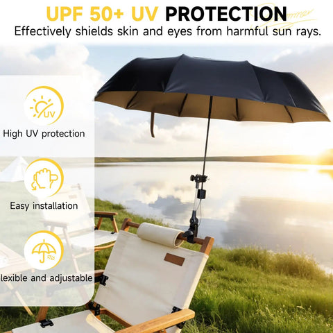Beat The Heat All Day Chair Umbrella With Universal Clamp Portable Canopy Sunshade 360 Degree Swivel UPF 50 Plus UV Protection on chair by lake