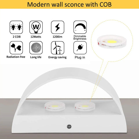 12W Plug-In LED Wall Sconce With Dimmable Up-Down Lighting, showing COB LED beads and features, modern aluminum design