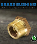 Brass NPT bushing with hex head, 1-1/4 in male to 1 in female, lead-free, corrosion-resistant fitting