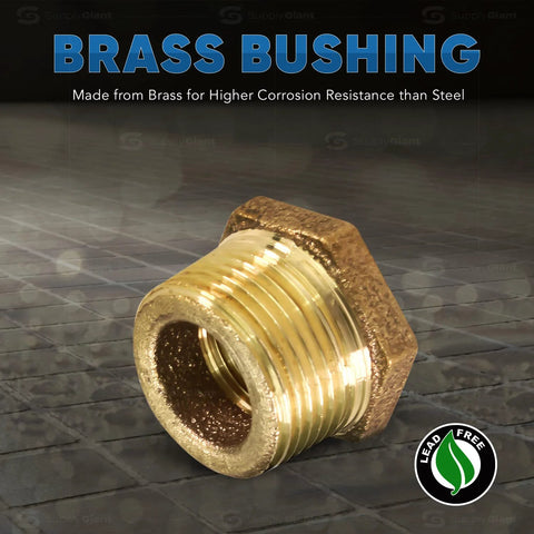 Close-up of brass NPT bushing, 1-1/2 in male x 1 in female, hex-headed, lead-free construction