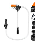 Slick Battery Powered Fuel Transfer Pump With Auto Stop Sensor, 3.8 GPM flow, featuring four tank fittings and a clear hose.