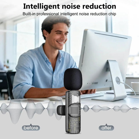 Man using 4 in 1 Wireless Lavalier Microphone With Universal Receiver For iPhone Android Cameras Computers USB C 3.5mm And USB Plug Dual Mic Setup For TikTok Videos And Vlogs Black with noise reduction feature at a desk.