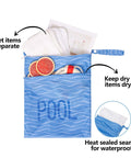 Two Pack Ultra Waterproof Wet Dry Bags with Dual Zippered Pockets showing wet and dry item storage, labeled 'POOL' design.