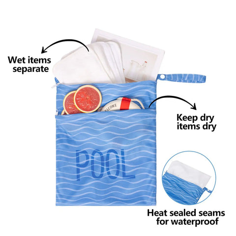 Two Pack Ultra Waterproof Wet Dry Bags with Dual Zippered Pockets showing wet and dry item storage, labeled 'POOL' design.