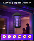 High Power LED Bug Zapper For Outdoor And Indoor Use 4200V Electric Fly Trap hanging on porch with UV light attracting insects.