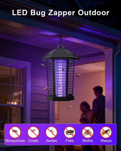 High Power LED Bug Zapper For Outdoor And Indoor Use 4200V Electric Fly Trap hanging on porch with UV light attracting insects.