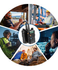 UV 5R 8W Dual Band Two Way Radio With Earpiece and users in various outdoor and work settings