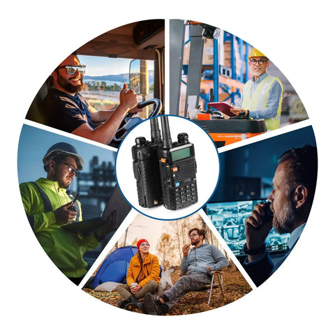 UV 5R 8W Dual Band Two Way Radio With Earpiece and users in various outdoor and work settings