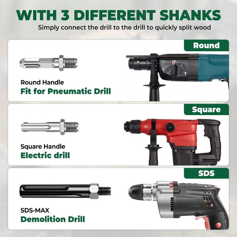 Image showing three drill shank types: round for pneumatic, square for electric, and SDS for demolition, compatible with 50 mm Log Splitting Drill Bit With Smooth Sail Anti Jam Core And Quick Swap Detachable Head Heavy Duty Firewood Adapter Packing Three Round Shafts Built To Tame Rough Knots And Handle Wet Or Dry Lumber Without Breaking A Sweat.