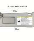 RAV4 Left Driver Side Sun Visor Replacement With Leather Surface And Vanity Mirror Gray For 2013 2014 2015 2016 2017 2018 Includes Clip And Screws Replaces OEM 74320 42595 B0 Toyota, showing dimensions and warning label.
