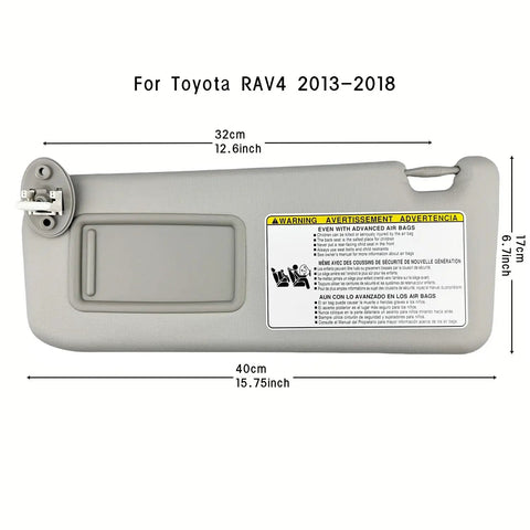 RAV4 Left Driver Side Sun Visor Replacement With Leather Surface And Vanity Mirror Gray For 2013 2014 2015 2016 2017 2018 Includes Clip And Screws Replaces OEM 74320 42595 B0 Toyota, showing dimensions and warning label.