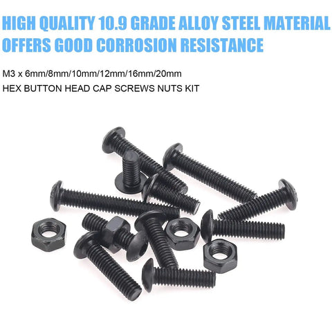 360 Piece M3 Hex Button Head Bolts Set, Pro Grade 10.9 Alloy Steel Screws Nuts Kit arranged on white background