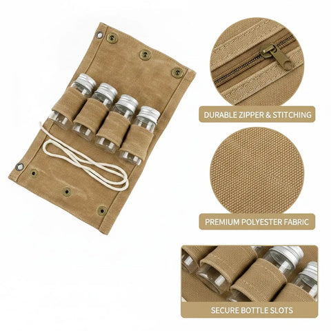 Seasoning Bottle Storage Bag Portable Spice Organizer Pouch with Zipper showcasing fabric, secure slots, and zipper detail.