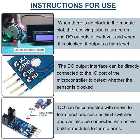 Instructions for use of Speed Sensor Module LM393 Comparator Slot Type IR Optocoupler For Motor Speed Detection Works With Arduino MCU 3V To 5V Ten Pack Easy Plug And Play For DIY Robotics And Hobby Projects.