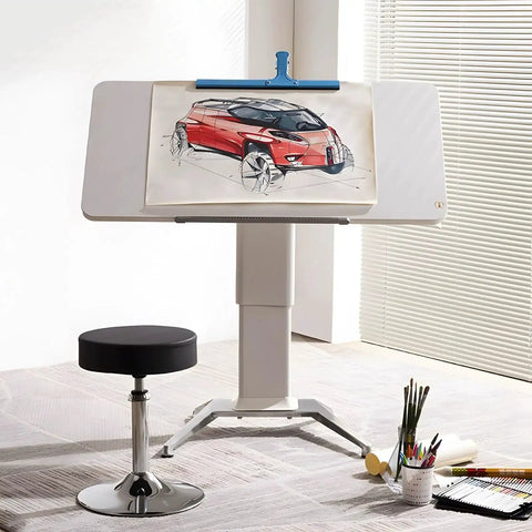 No Sweat Adjustable Height Rolling Drafting Desk With Flip Top And Book Stop Lightweight White Mobile Workstation for sketches.