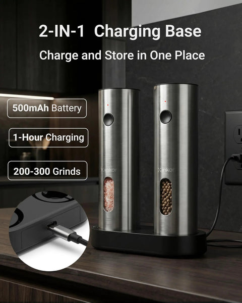 Xinkor Electric Salt And Pepper Grinder Set With Usb Rechargeable Charging Base Auto Sensor Cordless Pepper Mill Kitchen Spice Shaker For Dining Table on charging base with salt and pepper visible.