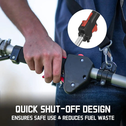 User gripping handle of Gas Powered Weed Wacker 25.4cc 2 Cycle String Trimmer And Edger With 16 Inch Cutting Swath And 10 Inch Brush Cutter