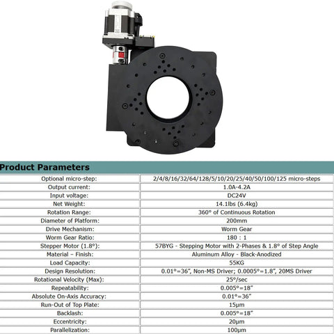 Motorized Precision Rotary Stage For Labs And Cnc Machines Featuring Opto Isolated Control And Wide Stepper Motor Support Up To 86 Mm with motor and specifications.