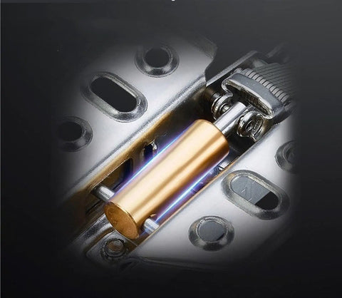 Close-up of a stainless steel hinge featuring a copper hydraulic cylinder component for smooth soft close action in cabinets.