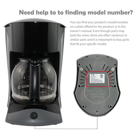 12-cup Mr. Coffee replacement carafe with black handle; front view of coffee maker and bottom-label view of replacement part