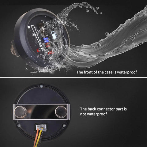Universal 52mm Fuel Level Gauge With 2 Inch LED Display, 12V And 24V Ready, Compatible With 0 To 190 Ohm, 98 To 8 Ohm, 565 To 33 Ohm, Or 0 To 90 Ohm Senders, Anti Vibration Needle For Stable, Accurate Fuel Readings Across Cars And Rigs. Front waterproof 52mm fuel level gauge and rear connector view.
