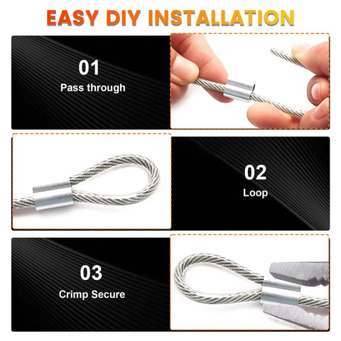 Installation steps for 1/16 Inch 7x7 Stainless Steel Wire Rope Kit 165FT Cable With 50 Aluminum Sleeves.