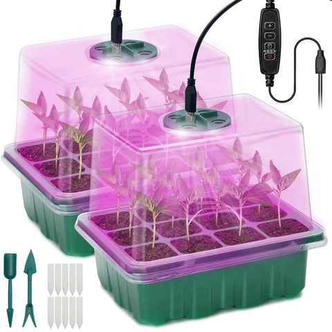 Two Pack Seed Starter Tray Propagation Station With Full Spectrum Grow Light And Timing Controller Humidity Domes And Base Mini Greenhouse Kit
