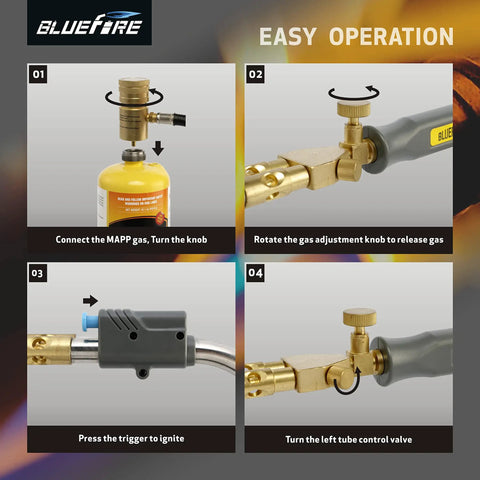 Instructions for using Double Heads Swirl Flame Turbo Torch with Self Ignition and 5 Foot Hose for brazing copper pipes.