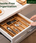 Carbonized Bamboo Expandable Kitchen Drawer Organizer, 13 To 19.6 Inches Wide, 10 Slot Silverware Tray With Removable Dividers in drawer