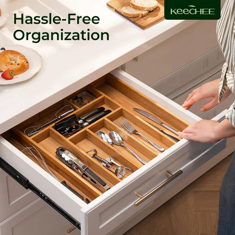 Carbonized Bamboo Expandable Kitchen Drawer Organizer, 13 To 19.6 Inches Wide, 10 Slot Silverware Tray With Removable Dividers in drawer