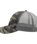 Side view of No Crying On The Yacht Trucker Hat For Women Funny Summer Cap with ventilated mesh and camo design.