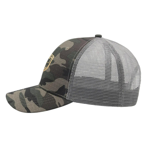 Side view of No Crying On The Yacht Trucker Hat For Women Funny Summer Cap with ventilated mesh and camo design.