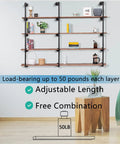 Industrial Wall Mounted Iron Pipe Shelves 52 Inch Tall Rustic Open Bookshelf Set 3 Pack for Kitchen and Bath shown in living room