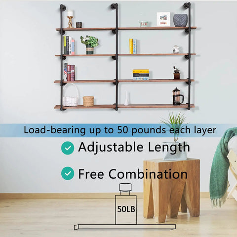 Industrial Wall Mounted Iron Pipe Shelves 52 Inch Tall Rustic Open Bookshelf Set 3 Pack for Kitchen and Bath shown in living room