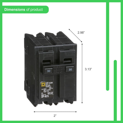 Homeline 30 Amp 2 Pole Mini Circuit Breaker For 120 240V AC With 10kA Breaking Capacity Heavy Duty Plug In Mount Standard Type Residential Use Fast Installation And Safe Protection HOM230CP, 2 in x 3.13 in