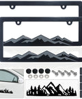 Mountain Themed License Plate Frames Gray On Black Raised Mountain Design Plastic Car Tag Holder With Screws Caps 2 Pack 2 Hole Includes Mountain Vinyl Sticker