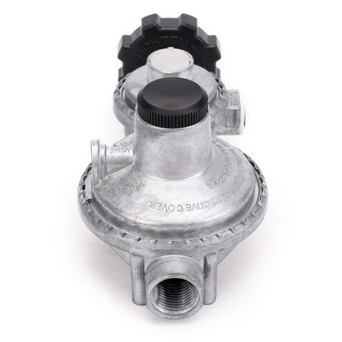 Metal horizontal two-stage propane regulator with black knob and 3/8 in NPT inlet