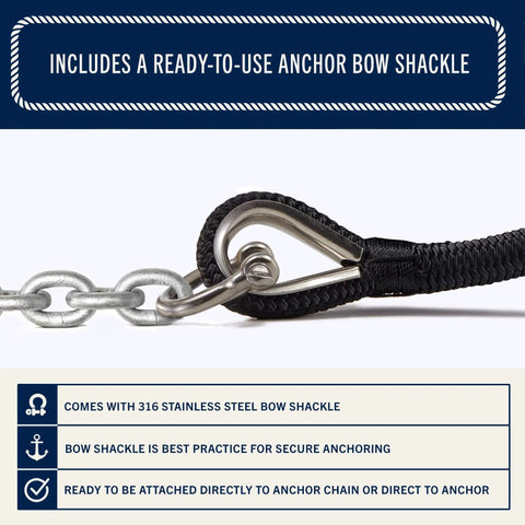 Premium Double Braided Nylon Boat Anchor Rope With Thimble featuring a 316 stainless steel bow shackle for secure mooring.