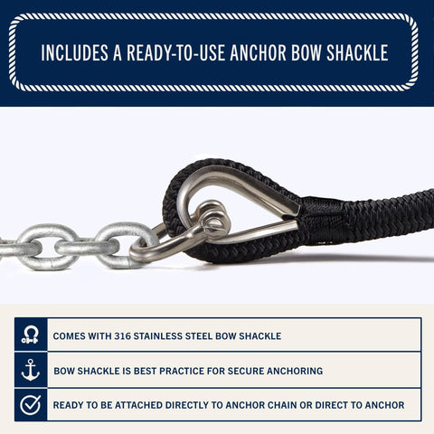 Double Braided Nylon Boat Anchor Rope 50 Ft By One Quarter Inch With Stainless Steel Thimble And Heavy Duty Marine Grade Bow Shackle