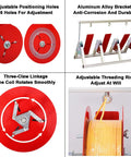 Rock Solid Stainless Steel Cable Reel Holder And Heavy Duty Wire Spool Rack Dispenser With Smooth Independent Rotation showing adjustable features and aluminum components.