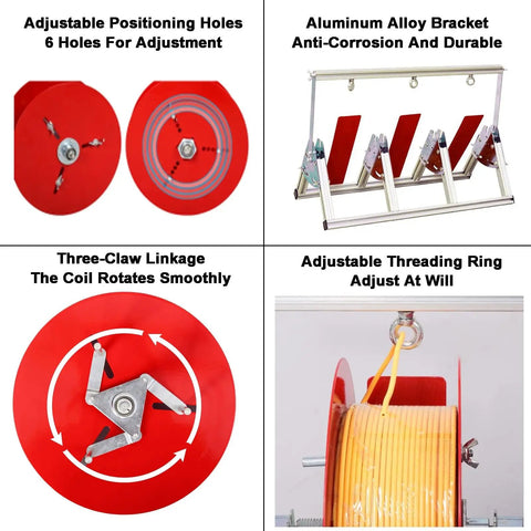 Rock Solid Stainless Steel Cable Reel Holder And Heavy Duty Wire Spool Rack Dispenser With Smooth Independent Rotation showing adjustable features and aluminum components.