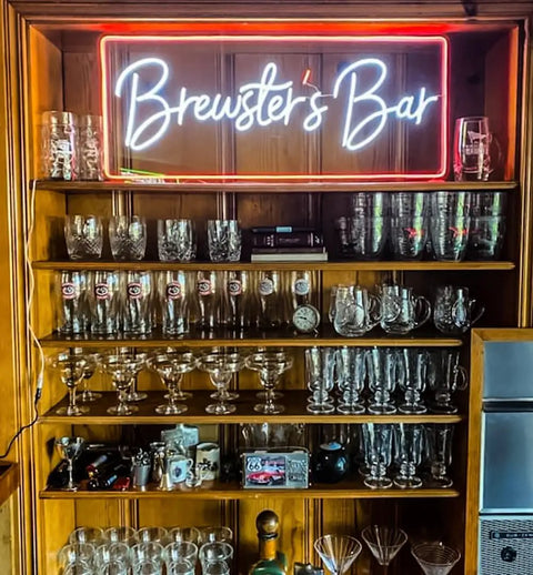 Custom Neon Sign LED Light Up Name Sign For Weddings Bars Salons Beauty Biz And Events Personalize Neon Light with Brewster's Bar text over glass shelves