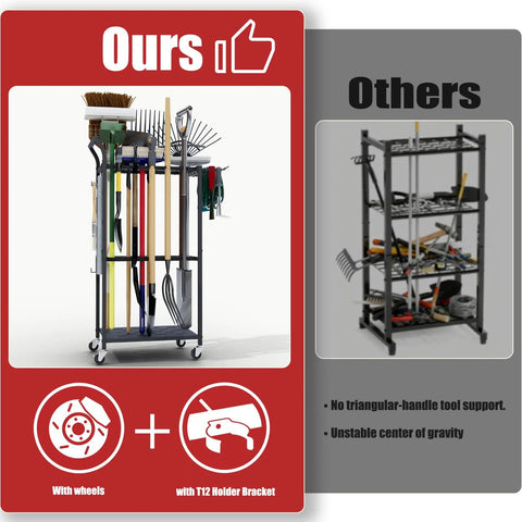 Heavy Duty Rolling Garden Tool Organizer On Wheels With 14 Hooks And 5 Slots, 3 Tier Metal Cart, comparison with competitor