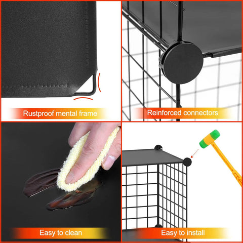 Details of Dope Freely Combinable Wire Cube Storage Organizer Shelf 6 Cube System showing metal frame, connectors, cleaning, and installation.